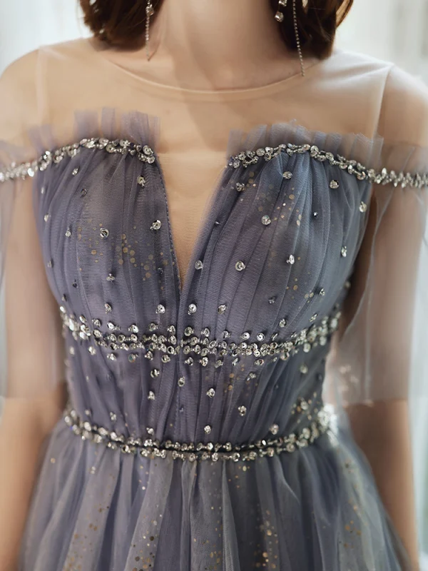 Chic / Beautiful Purple Prom Dresses 2020 A-Line / Princess Scoop Neck Beading Sequins Floor-Length / Long Short Sleeve Backless Formal Dresses