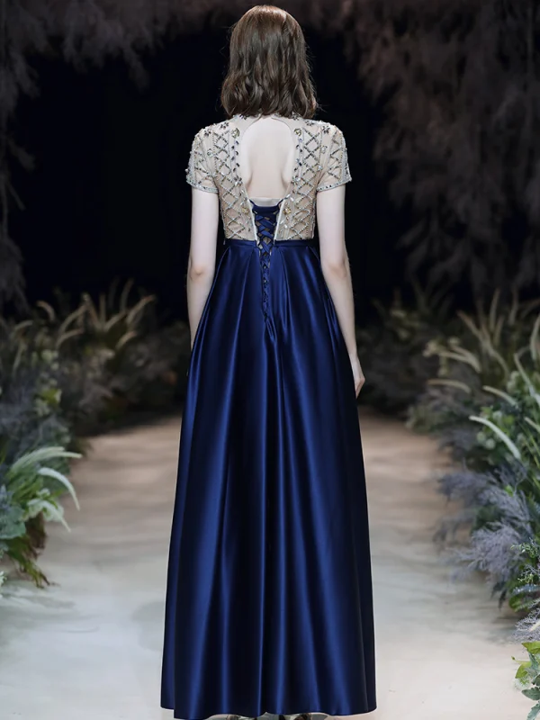 Chic Bleu Roi Robe De Soirée 2020 Princesse Col Haut Perlage Faux Diamant Paillettes Manches Courtes Dos Nu Longue Robe De Ceremonie