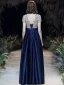 Chic Bleu Roi Robe De Soirée 2020 Princesse Col Haut Perlage Faux Diamant Paillettes Manches Courtes Dos Nu Longue Robe De Ceremonie