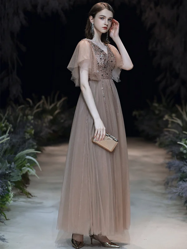 Charming Brown Evening Dresses 2020 A-Line / Princess V-Neck Beading Sequins Short Sleeve Backless Floor-Length / Long Formal Dresses