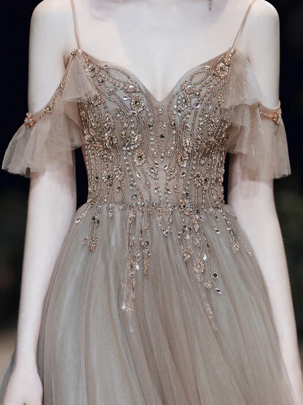 Fashion Brown Evening Dresses  2020 A-Line / Princess Spaghetti Straps Beading Rhinestone Sequins Sleeveless Backless Floor-Length / Long Formal Dresses