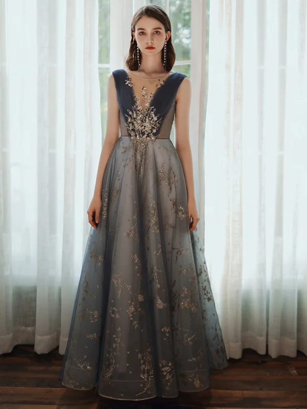 Chic / Belle Océan Bleu Robe De Bal 2020 Princesse Encolure Dégagée Perlage Glitter Paillettes En Dentelle Fleur Faux Diamant Sans Manches Dos Nu Longue Robe De Ceremonie
