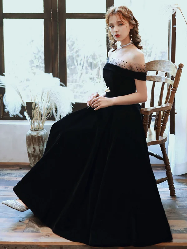 Elegant Black Prom Dresses 2020 A-Line / Princess Spotted Off-The-Shoulder Suede Sleeveless Backless Tea-length Formal Dresses
