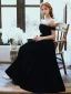 Elegant Black Prom Dresses 2020 A-Line / Princess Spotted Off-The-Shoulder Suede Sleeveless Backless Tea-length Formal Dresses