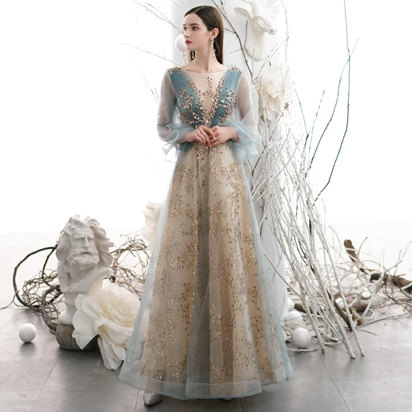 Elegant Champagne Lace Flower Sequins Prom Dresses 2021 A-Line / Princess Scoop Neck Long Sleeve Backless Floor-Length / Long Formal Dresses