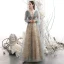 Elegant Champagne Lace Flower Sequins Prom Dresses 2021 A-Line / Princess Scoop Neck Long Sleeve Backless Floor-Length / Long Formal Dresses