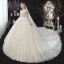 Eleganta Champagne Glittriga / Glitter Bröllopsklänningar 2020 Balklänning V-Hals Beading Rhinestone Paljetter Spets Blomma Långärmad Halterneck Royal Train