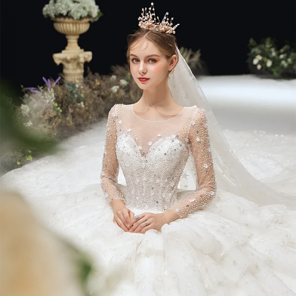 Luxury / Gorgeous Ivory Beading Cascading Ruffles Wedding Dresses 2020 Ball Gown Scoop Neck Appliques Rhinestone Sequins 3/4 Sleeve Backless Royal Train