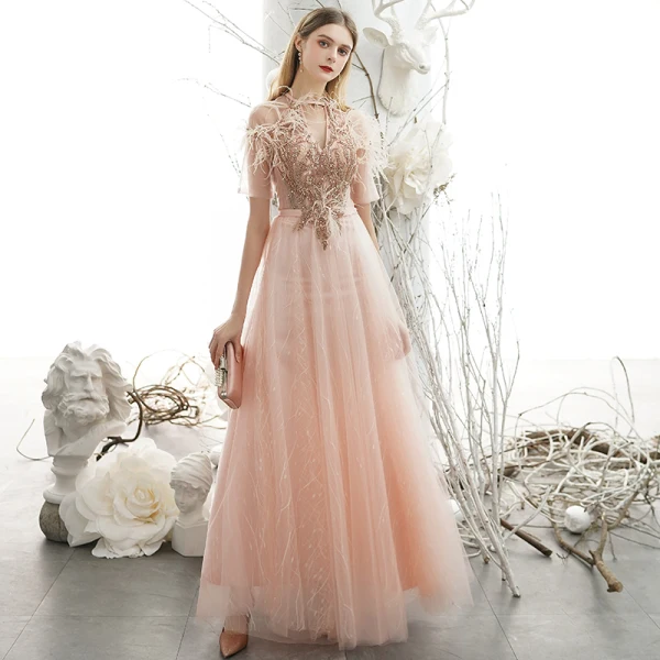 Classy Blushing Pink Feather Lace Flower Prom Dresses 2021 A-Line / Princess V-Neck Beading Rhinestone Sequins Short Sleeve Floor-Length / Long Formal Dresses