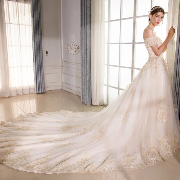 Elegant Champagne Wedding Dresses 2018 A-Line / Princess Lace Embroidered Beading Off-The-Shoulder Backless Short Sleeve Royal Train Wedding
