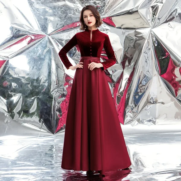 Eleganta Burgundy Mocka Balklänningar 2020 Prinsessa Hög Hals Långärmad Långa Formella Klänningar