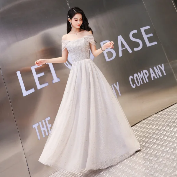 Chic / Beautiful Grape Prom Dresses 2020 A-Line / Princess Off-The-Shoulder Glitter Beading Pearl Short Sleeve Backless Floor-Length / Long Formal Dresses