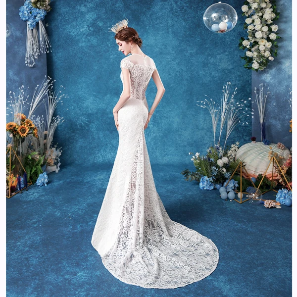 Elegant Ivory Lace Wedding Dresses 2020 Trumpet / Mermaid Scoop Neck Lace Flower Cap Sleeves Backless Sweep Train