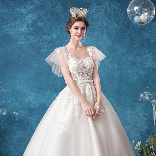 Chic / Belle Ivoire Robe De Mariée 2020 Robe Boule Encolure Carrée Noeud En Dentelle Fleur Manches Courtes Dos Nu Tribunal Train