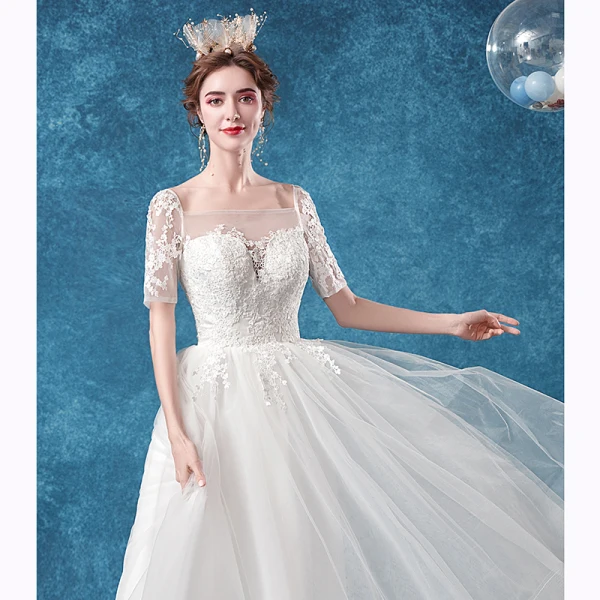 Elegante Ivory / Creme Brautkleider / Hochzeitskleider 2020 A Linie Eckiger Ausschnitt Strass Spitze Blumen Kurze Ärmel Rückenfreies