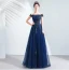 Vintage / Retro Navy Blue Prom Dresses 2020 A-Line / Princess Ruffle Off-The-Shoulder Crystal Glitter Tulle Short Sleeve Backless Floor-Length / Long Formal Dresses