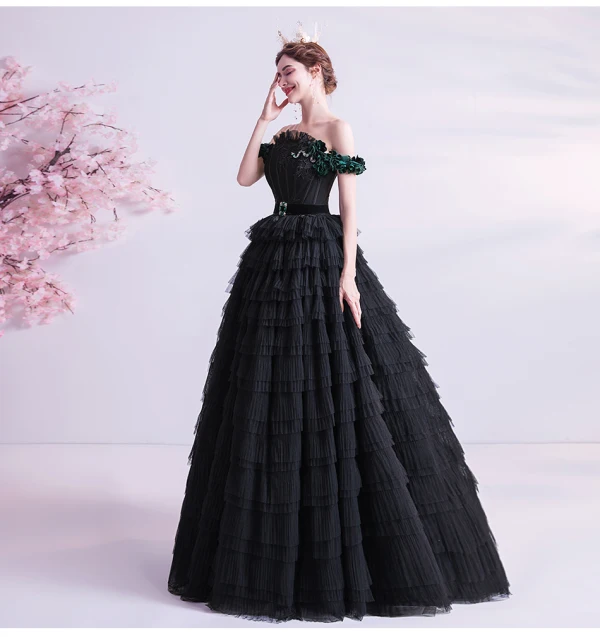 Classy Black Cascading Ruffles Prom Dresses 2020 Ball Gown Ruffle Off-The-Shoulder Rhinestone Lace Flower Sleeveless Backless Floor-Length / Long Formal Dresses