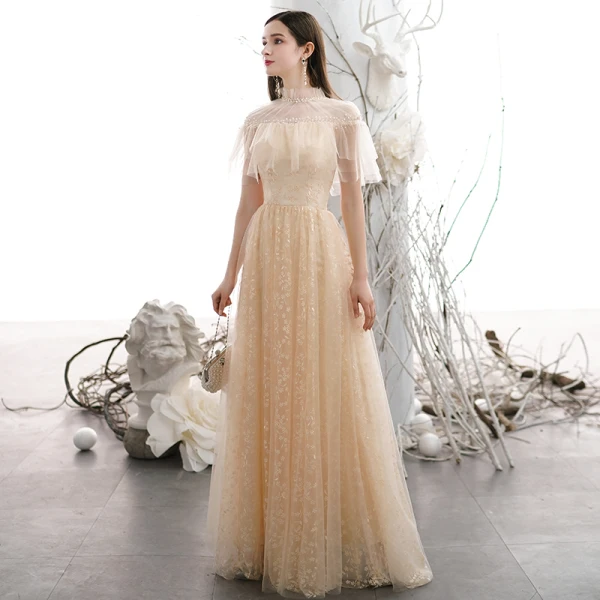 Chic / Belle Champagne Brodé Robe De Bal 2021 Princesse Col Haut Manches Courtes Dos Nu Longue Robe De Ceremonie