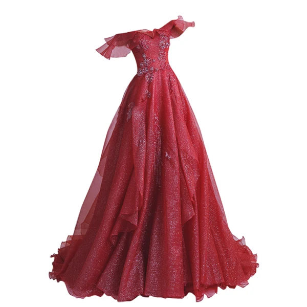 Sparkly Fashion Red Prom Dresses 2021 A-Line / Princess Off-The-Shoulder Handmade Beading Crystal Rhinestone Short Sleeve Backless Floor-Length / Long Formal Dresses