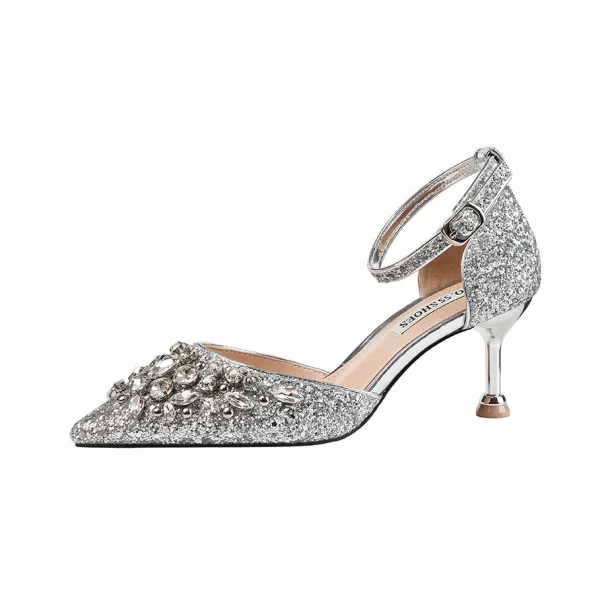 Błyszczące Srebrny Cekiny Wieczorowe Wysokie Obcasy 2020 Rhinestone 6 cm Szpilki Szpiczaste Buty Damskie