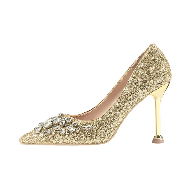 Glitter Goud Avond Pumps 2020 Rhinestone Pailletten 9 cm Naaldhakken / Stiletto Spitse Neus Pumps