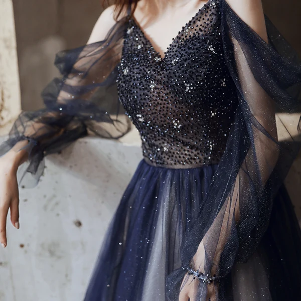 Charming Navy Blue Prom Dresses 2020 A-Line / Princess Spaghetti Straps Glitter Tulle Beading Crystal Long Sleeve Backless Floor-Length / Long Formal Dresses
