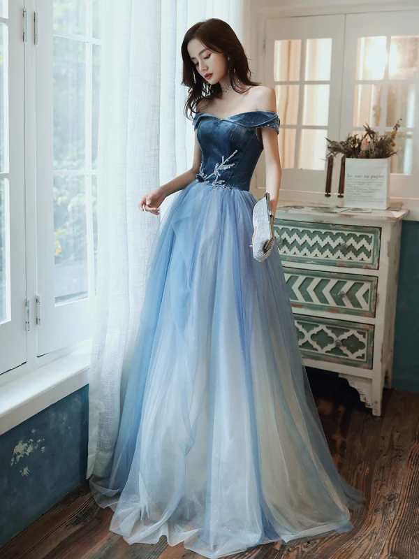 Fashion Ocean Blue Prom Dresses 2020 A-Line / Princess Suede Off-The-Shoulder Beading Lace Flower Sleeveless Backless Floor-Length / Long Formal Dresses