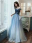 Fashion Ocean Blue Prom Dresses 2020 A-Line / Princess Suede Off-The-Shoulder Beading Lace Flower Sleeveless Backless Floor-Length / Long Formal Dresses