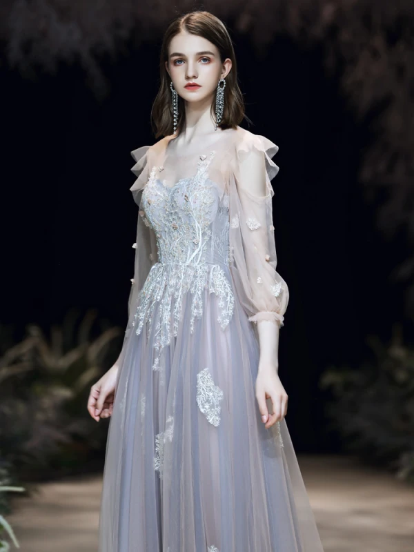 Elegante Azul Cielo Vestidos de noche 2020 A-Line / Princess Scoop Escote Perla Con Encaje Flor Apliques 3/4 Ærmer Sin Espalda Colas De Barrido Vestidos Formales