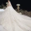 High End Ivory / Creme Brautkleider / Hochzeitskleider 2020 Ballkleid Rundhalsausschnitt Perlenstickerei Kristall Pailletten Spitze Blumen 3/4 Ärmel Rückenfreies Kathedrale Schleppe