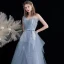Modern / Fashion Sky Blue Lace Flower Prom Dresses 2021 A-Line / Princess Strapless Sleeveless Backless Bow Sash Floor-Length / Long Formal Dresses