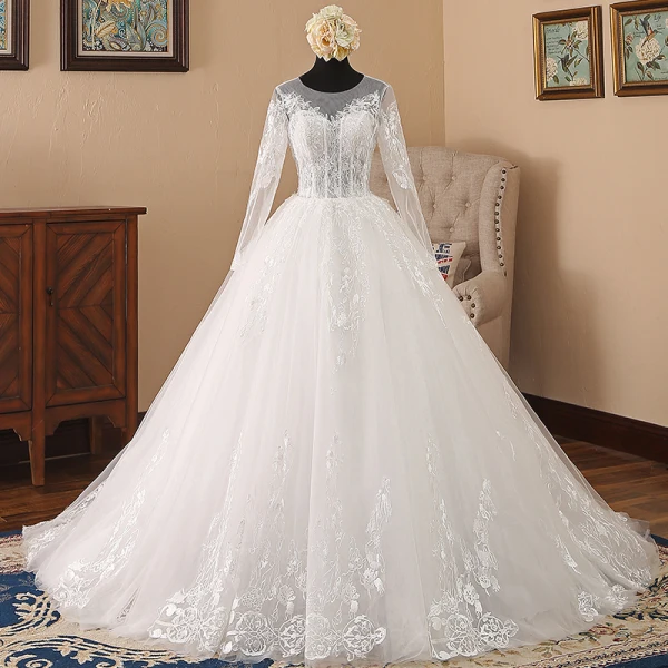 Chic / Beautiful White Wedding Dresses 2018 Ball Gown Lace Embroidered Scoop Neck Backless Long Sleeve Royal Train Wedding