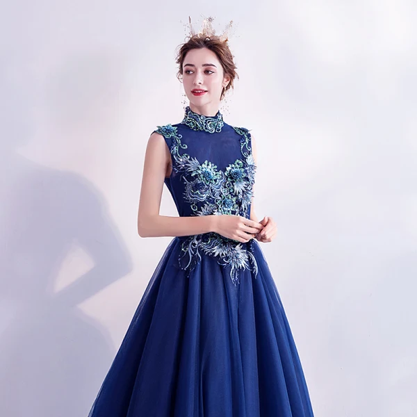 Vintage / Retro Royal Blue Prom Dresses 2020 A-Line / Princess High Neck Sequins Rhinestone Lace Flower Sleeveless Backless Floor-Length / Long Formal Dresses