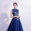 Vintage / Retro Royal Blue Prom Dresses 2020 A-Line / Princess High Neck Sequins Rhinestone Lace Flower Sleeveless Backless Floor-Length / Long Formal Dresses