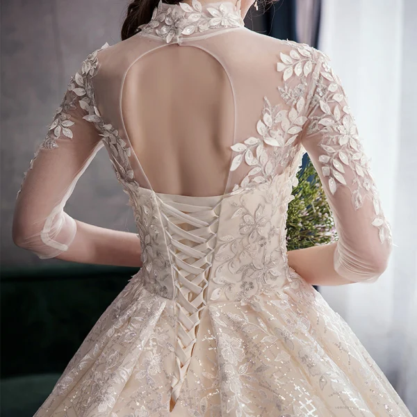 Elegant High-end Champagne Wedding Dresses 2020 Ball Gown High Neck Beading Sequins Appliques 3/4 Sleeve Backless Royal Train