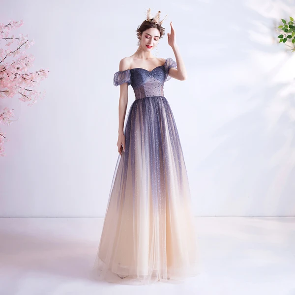 Charming Navy Blue Gradient-Color Prom Dresses 2020 A-Line / Princess Off-The-Shoulder Crystal Glitter Tulle Short Sleeve Backless Formal Dresses