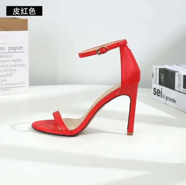 Enkla Svarta Casual Sandaler Dam 2020 Ankelband 10 cm Stilettklackar Peep Toe Högklackade