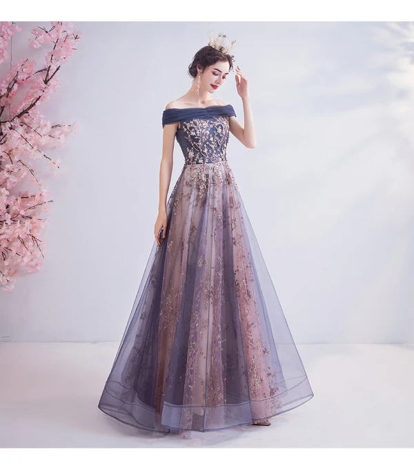 Edles Marineblau Ballkleider 2020 A Linie Off Shoulder Glanz Perlenstickerei Strass Pailletten Applikationen Ärmellos Rückenfreies Lange Festliche Kleider