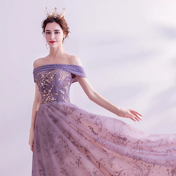 Charming Purple Prom Dresses 2020 A-Line / Princess Off-The-Shoulder Glitter Beading Pearl Rhinestone Sequins Sleeveless Backless Court Train Formal Dresses