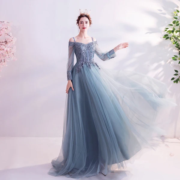 Classy Pool Blue Prom Dresses 2020 A-Line / Princess Spaghetti Straps Sequins Lace Flower Long Sleeve Backless Court Train Formal Dresses