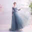 Classy Pool Blue Prom Dresses 2020 A-Line / Princess Spaghetti Straps Sequins Lace Flower Long Sleeve Backless Court Train Formal Dresses