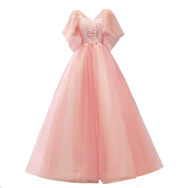 Elegant Candy Pink Prom Dresses 2021 V-Neck A-Line / Princess Beading Appliques Lace Flower Sequins 1/2 Sleeves Backless Floor-Length / Long Formal Dresses