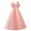 Elegant Candy Pink Prom Dresses 2021 V-Neck A-Line / Princess Beading Appliques Lace Flower Sequins 1/2 Sleeves Backless Floor-Length / Long Formal Dresses