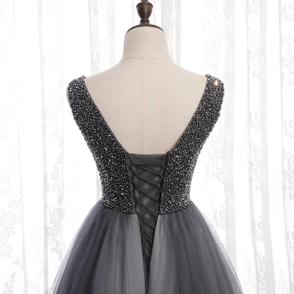 Chic / Beautiful Grey Prom Dresses 2020 A-Line / Princess V-Neck Beading Crystal Sleeveless Backless Floor-Length / Long Formal Dresses