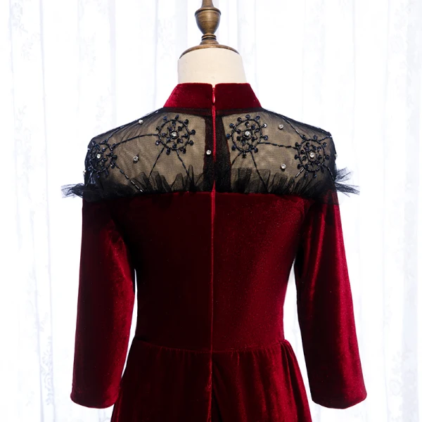 Elegant Burgundy Evening Dresses 2020 A-Line / Princess Suede High Neck Beading Rhinestone 3/4 Sleeve Floor-Length / Long Formal Dresses