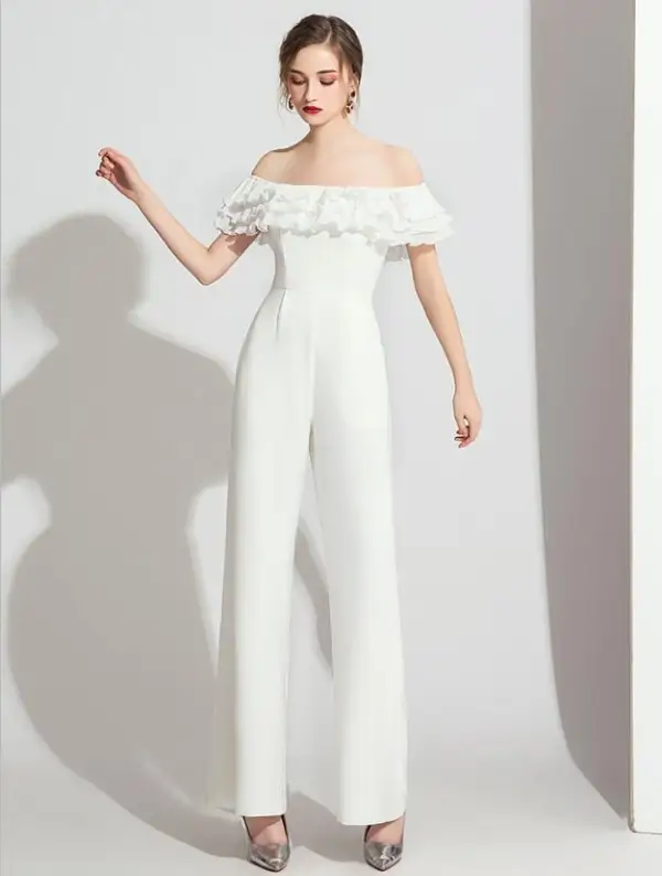 Elegante Ivory / Creme Overall Abendkleider 2021 Rüschen Off Shoulder Kurze Ärmel Rückenfreies Abend Lange Festliche Kleider