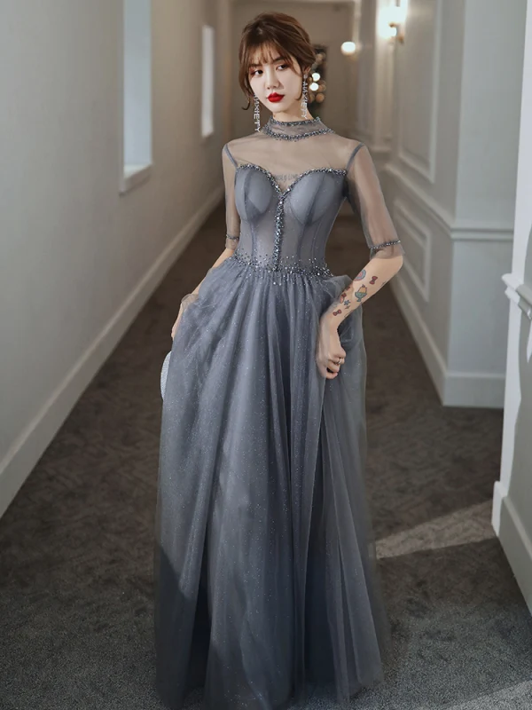 Charmant Gris Robe De Soirée 2020 Princesse Glitter Tulle Col Haut Perlage Faux Diamant 1/2 Manches Dos Nu Longue Robe De Ceremonie