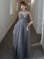Charmant Gris Robe De Soirée 2020 Princesse Glitter Tulle Col Haut Perlage Faux Diamant 1/2 Manches Dos Nu Longue Robe De Ceremonie