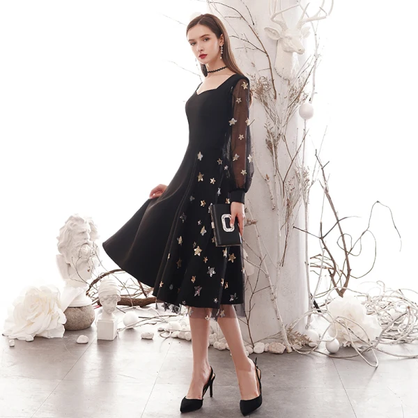 Fashion Black Homecoming Graduation Dresses 2020 A-Line / Princess Star Sequins Square Neckline Long Sleeve Tea-length Formal Dresses