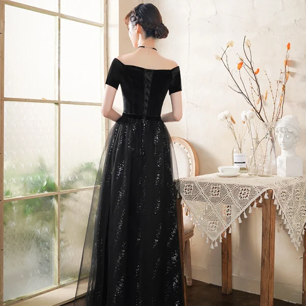 Abordable Noire Robe De Soirée 2020 Princesse Daim Ceinture Paillettes Manches Courtes Dos Nu Longue Robe De Ceremonie